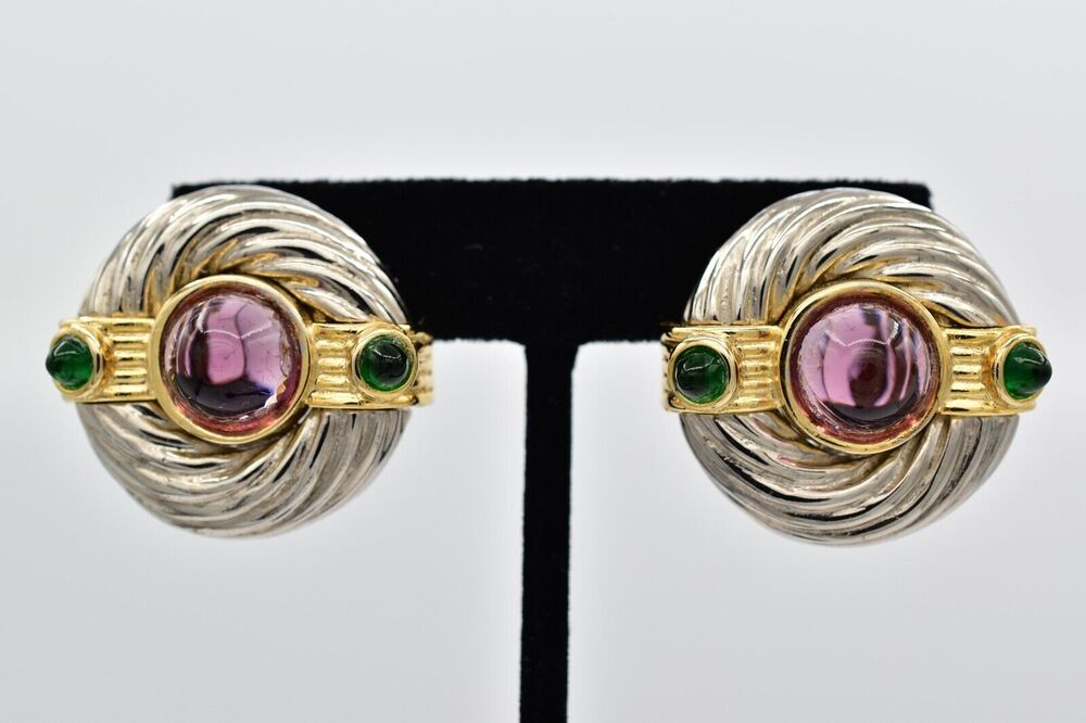 Maresca Vintage Cabochon Clip On Earrings Purple Green Cable Silver Signed BinBF
